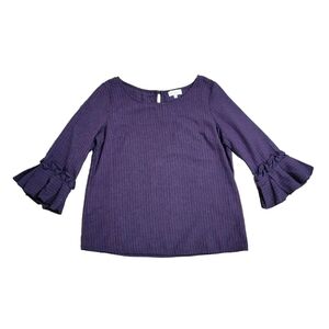 Lucky Brand Top Small Boho Bell Sleeve Knit Striped Boat Neck Ruffle Blue Stripe